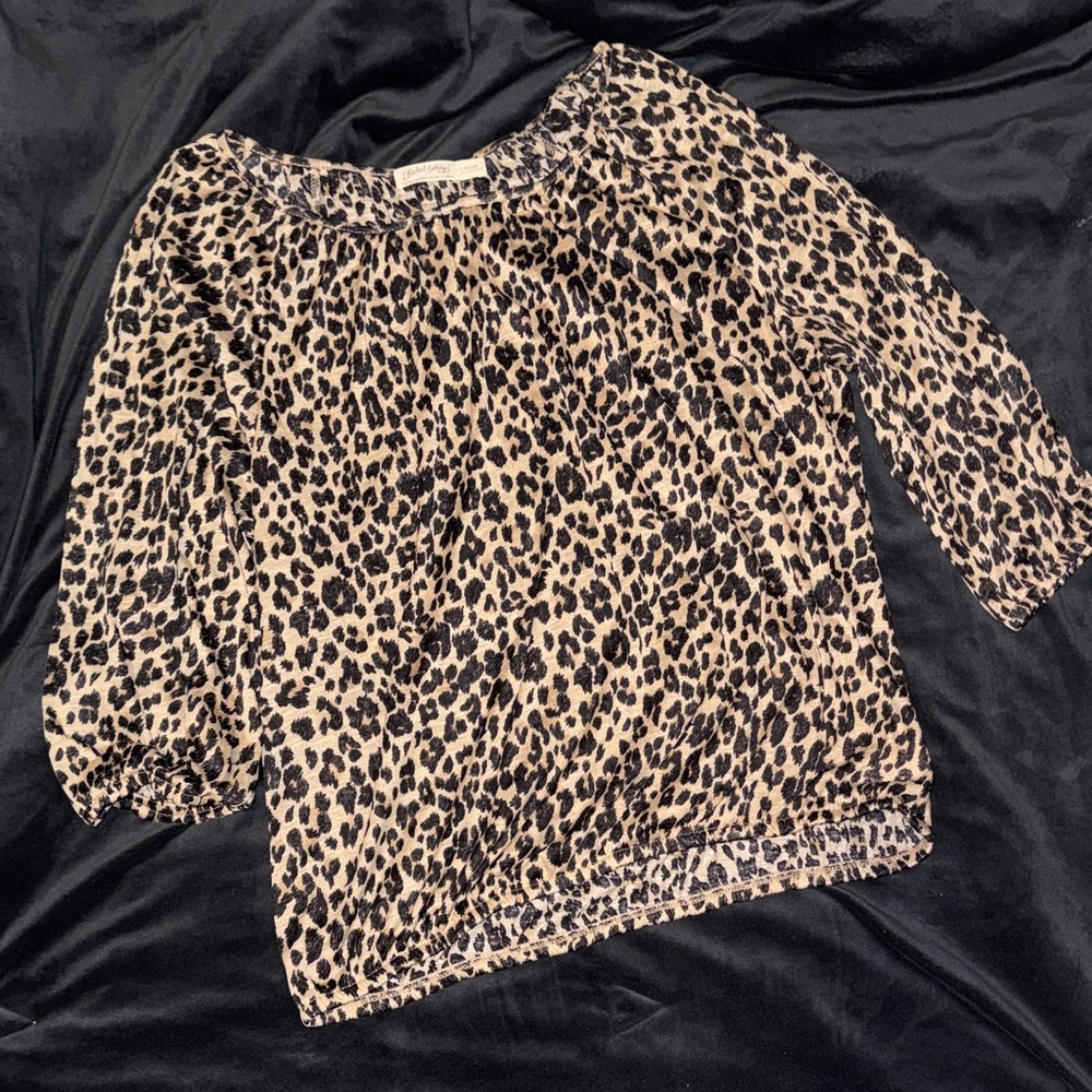 Leopard Print Blouse Neutral Tan & Black Shirt Lightweight Spring Summer Casual